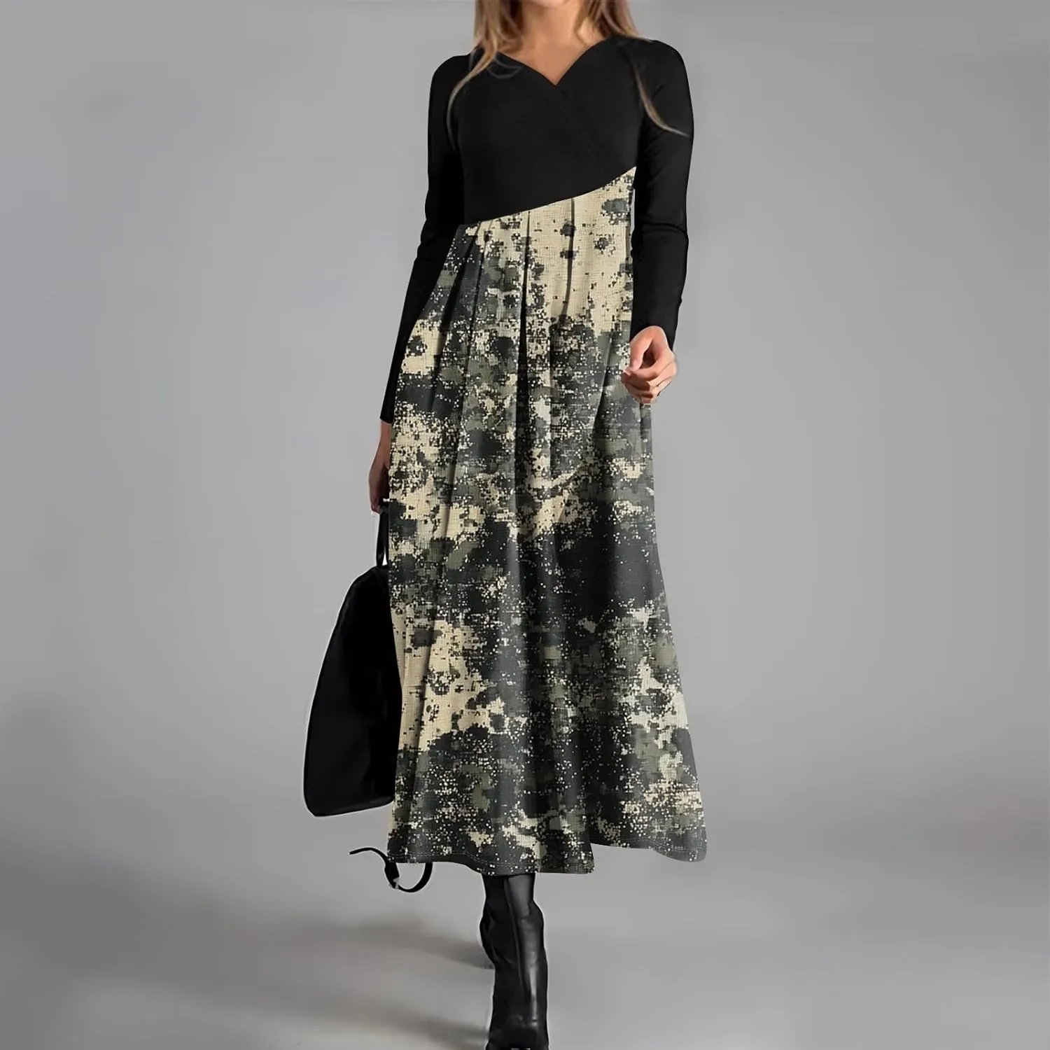 Womens Spring Fashion 2025 Dress Long Sleeve Midi V Neck Flowy Vacation Work Cute Loose Waist Dress