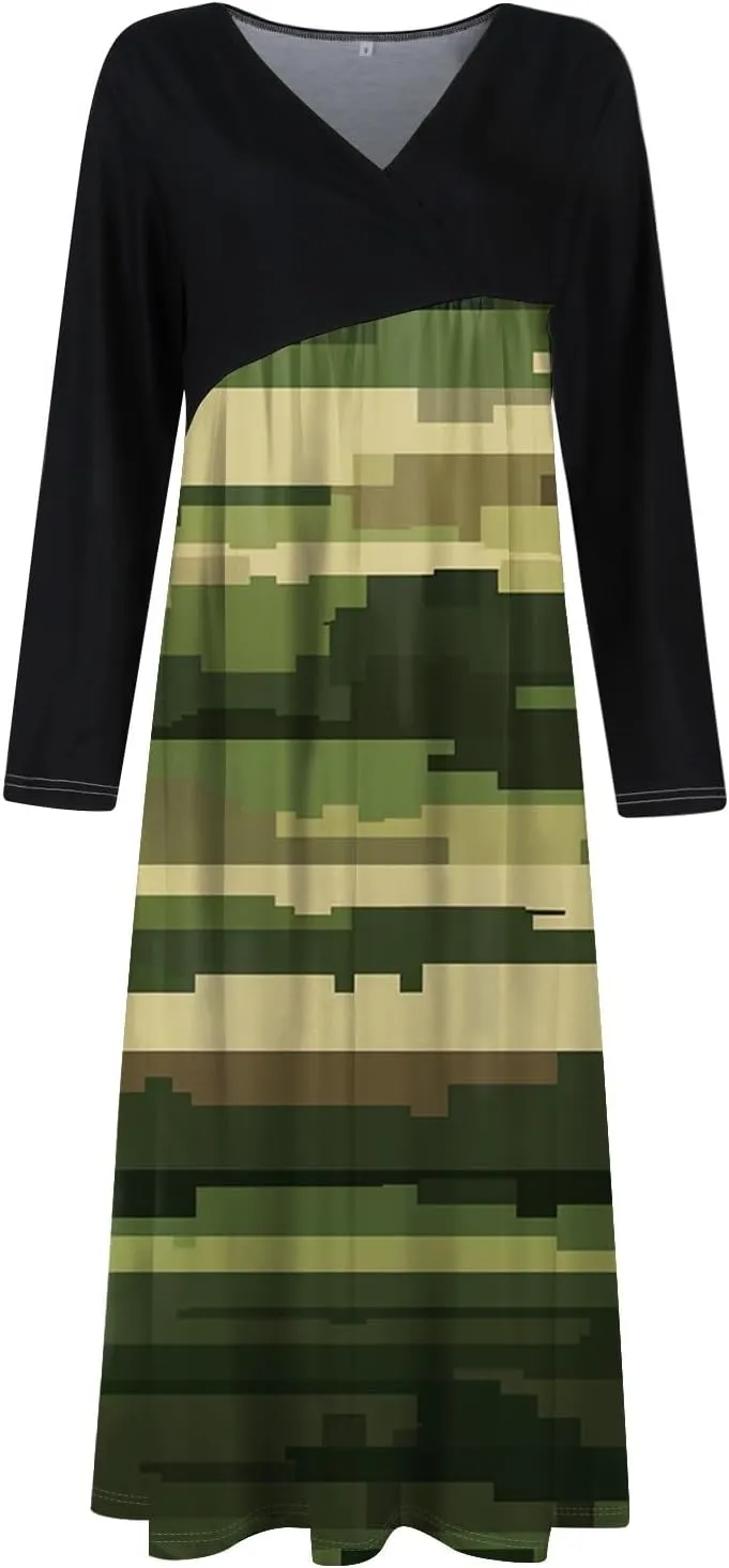 Womens Spring Fashion 2025 Dress Long Sleeve Midi V Neck Flowy Vacation Work Cute Loose Waist Dress