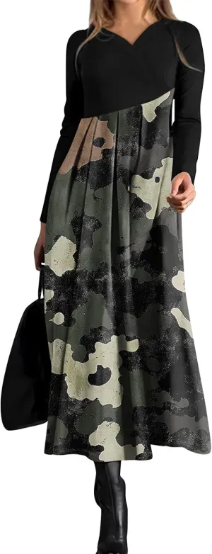 Womens Spring Fashion 2025 Dress Long Sleeve Midi V Neck Flowy Vacation Work Cute Loose Waist Dress