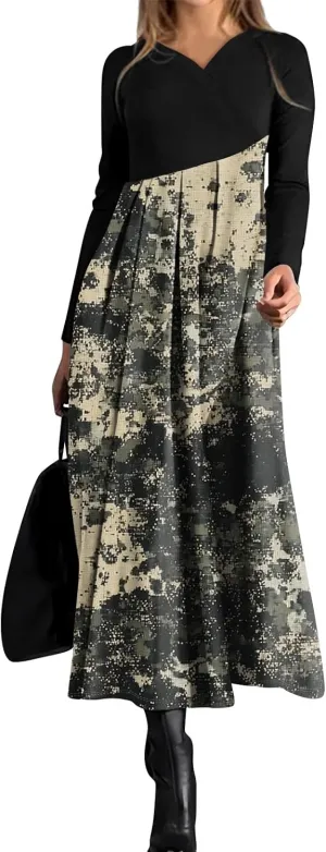 Womens Spring Fashion 2025 Dress Long Sleeve Midi V Neck Flowy Vacation Work Cute Loose Waist Dress