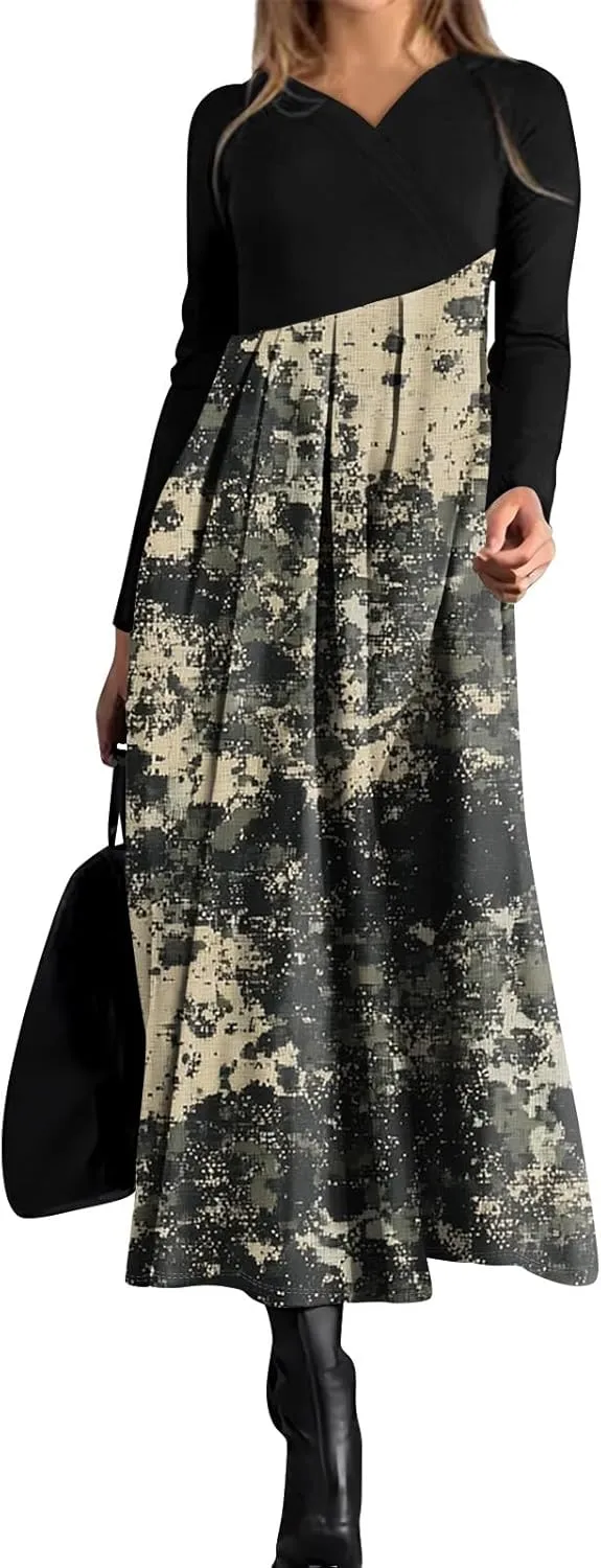 Womens Spring Fashion 2025 Dress Long Sleeve Midi V Neck Flowy Vacation Work Cute Loose Waist Dress