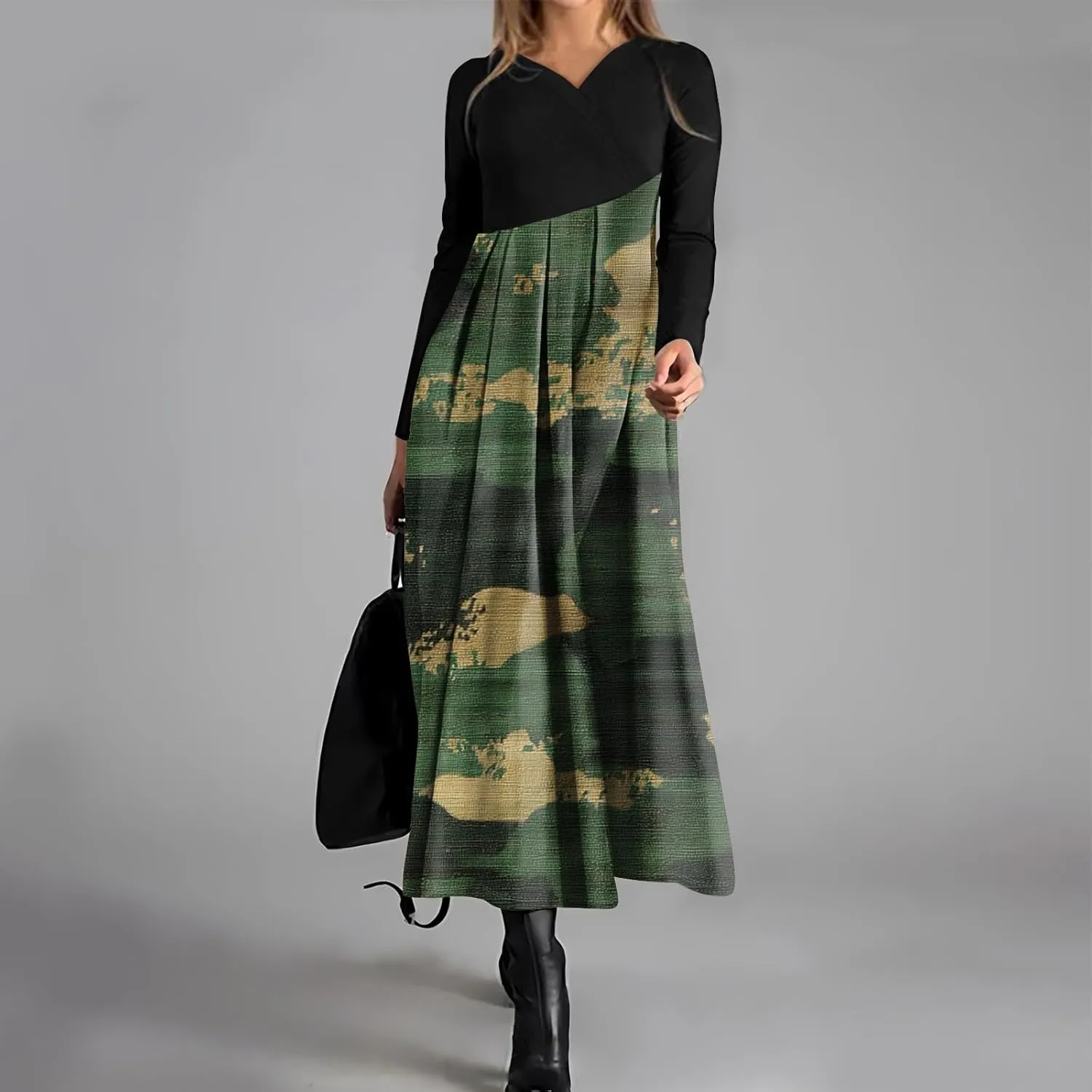 Womens Spring Fashion 2025 Dress Long Sleeve Midi V Neck Flowy Vacation Work Cute Loose Waist Dress