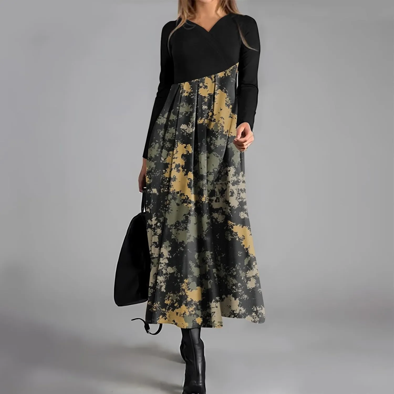 Womens Spring Fashion 2025 Dress Long Sleeve Midi V Neck Flowy Vacation Work Cute Loose Waist Dress