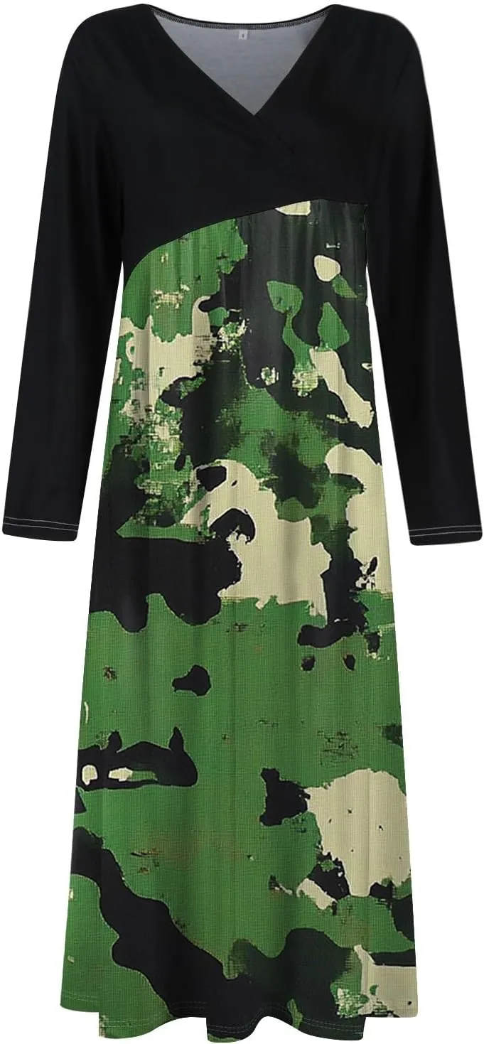 Womens Spring Fashion 2025 Dress Long Sleeve Midi V Neck Flowy Vacation Work Cute Loose Waist Dress