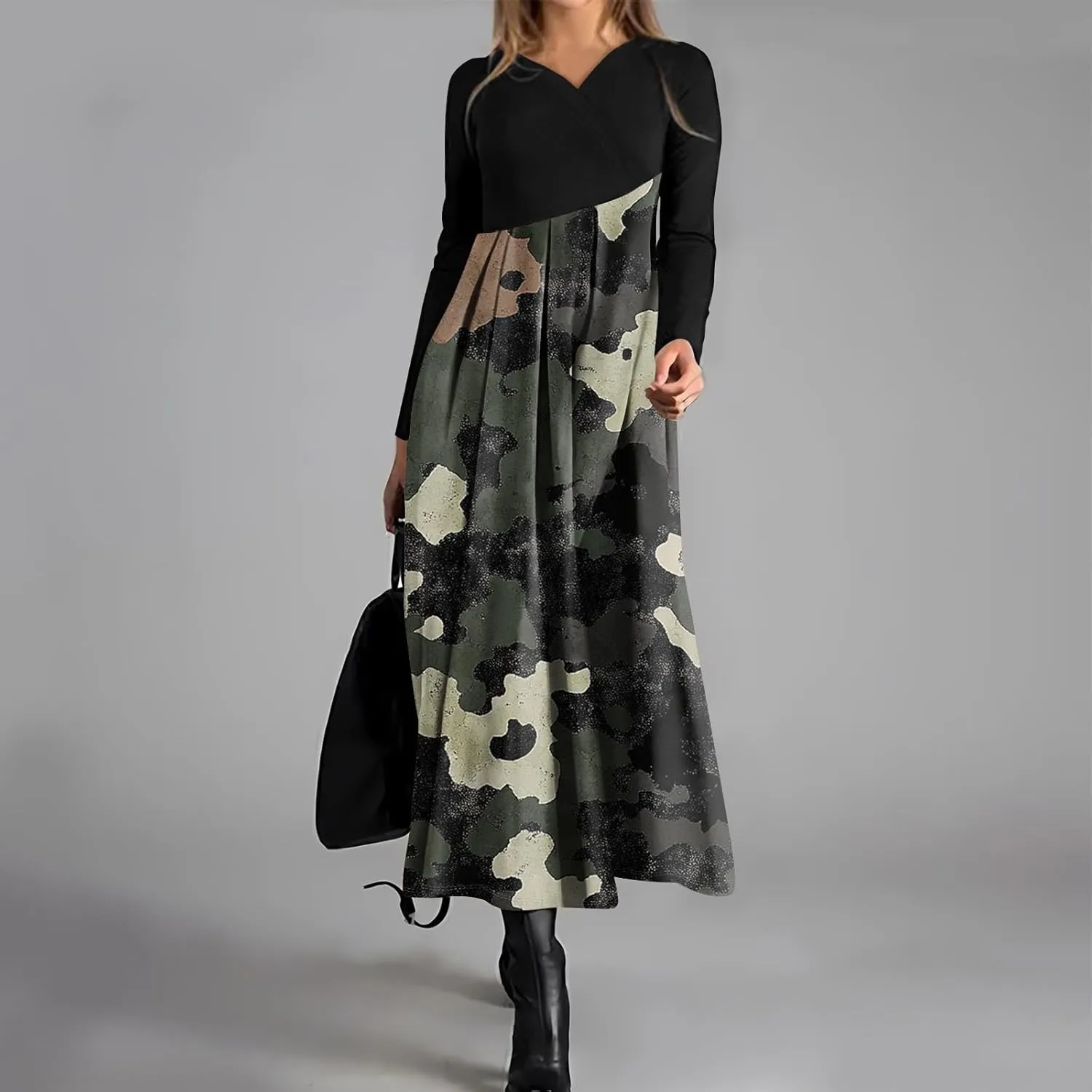 Womens Spring Fashion 2025 Dress Long Sleeve Midi V Neck Flowy Vacation Work Cute Loose Waist Dress