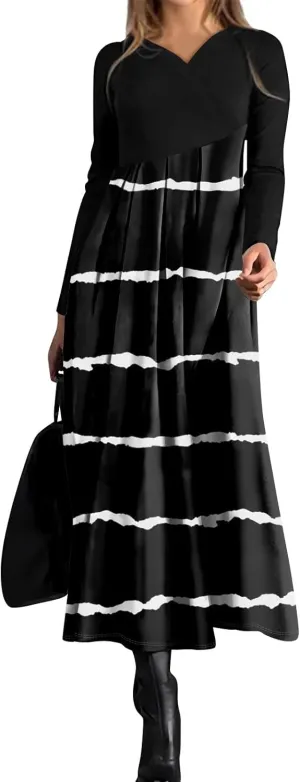 Womens Spring Fashion 2025 Dress Midi Long Sleeve V Neck Tea Length Trendy Summer Casual Holiday Fashion Dress