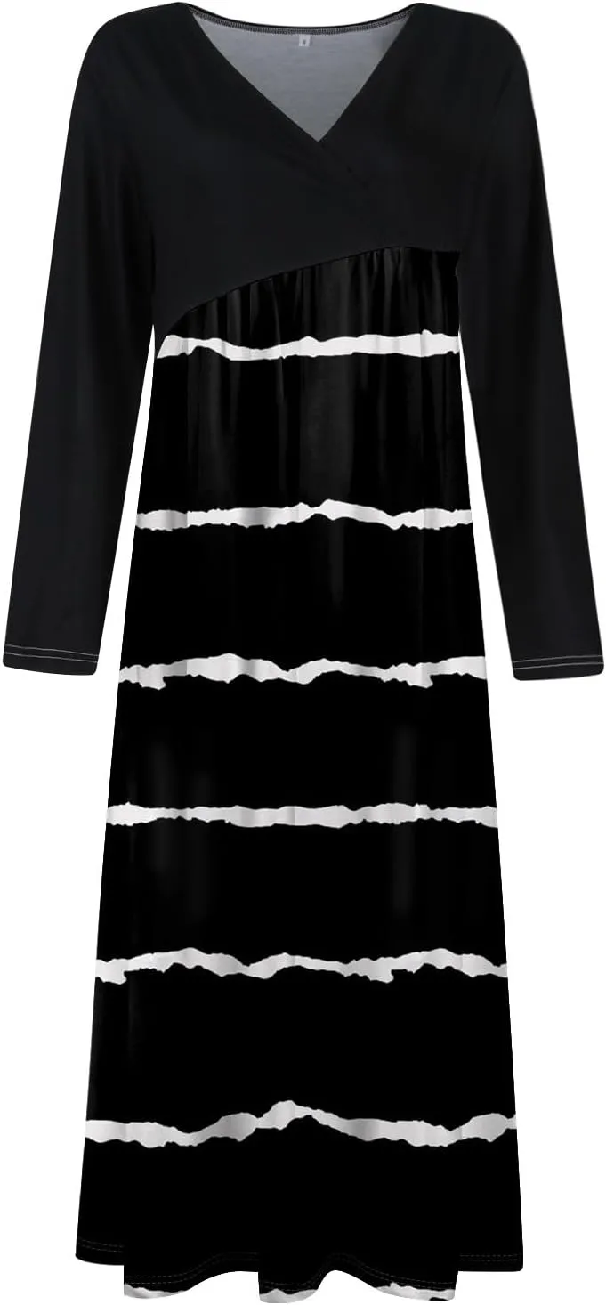 Womens Spring Fashion 2025 Dress Midi Long Sleeve V Neck Tea Length Trendy Summer Casual Holiday Fashion Dress