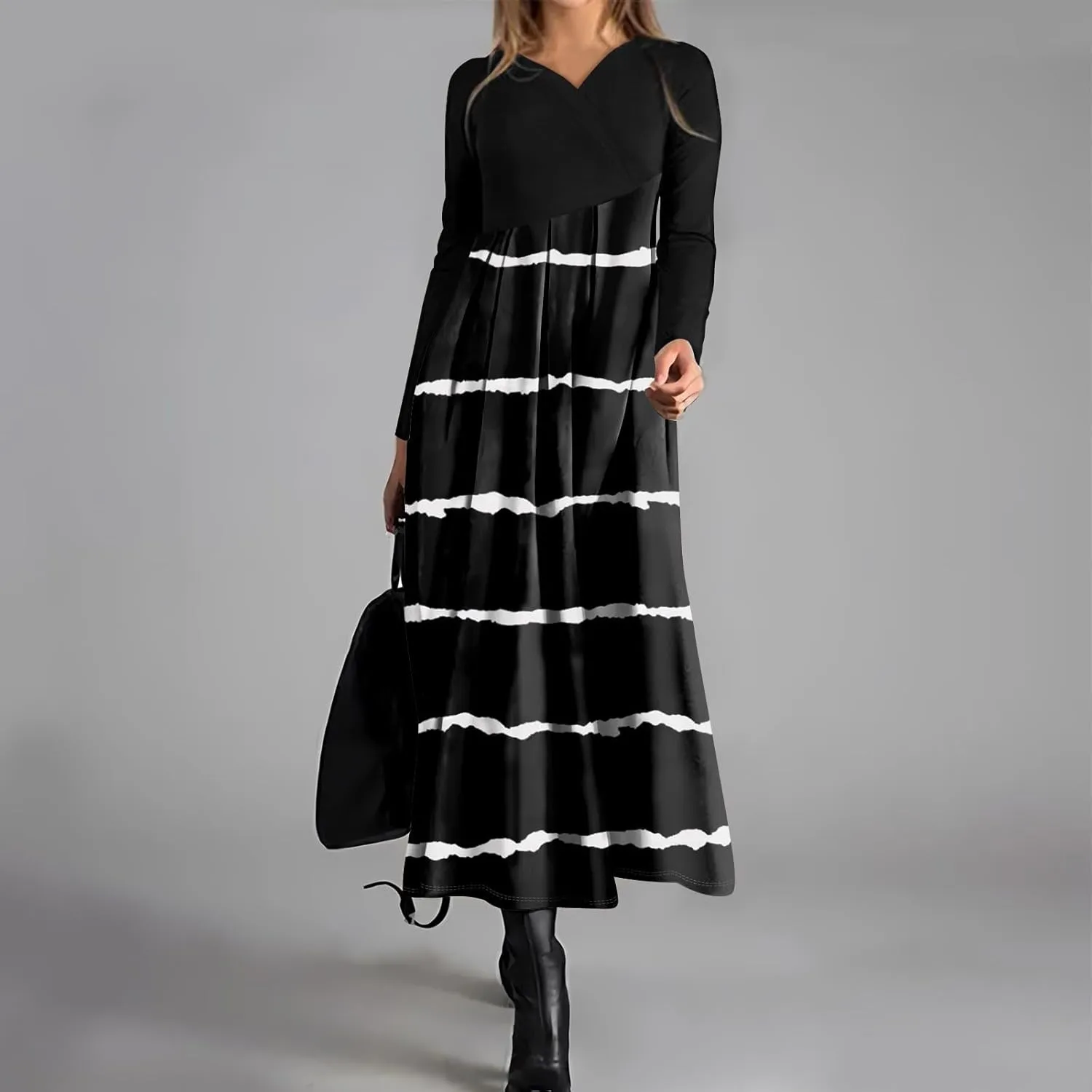 Womens Spring Fashion 2025 Dress Midi Long Sleeve V Neck Tea Length Trendy Summer Casual Holiday Fashion Dress