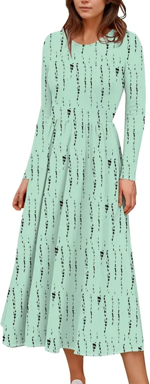 Womens Spring Fashion 2025 Dress O Neck Midi Long Sleeve Vacation Cute Summer Flowy Swing Waist Dress