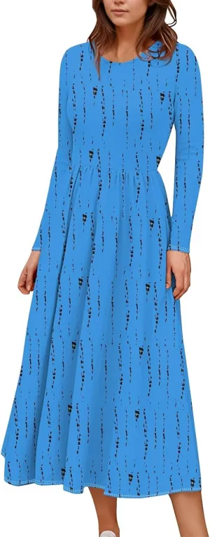Womens Spring Fashion 2025 Dress O Neck Midi Long Sleeve Vacation Cute Summer Flowy Swing Waist Dress