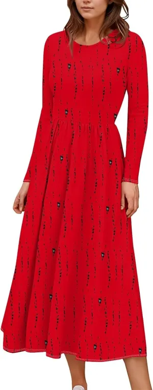 Womens Spring Fashion 2025 Dress O Neck Midi Long Sleeve Vacation Cute Summer Flowy Swing Waist Dress