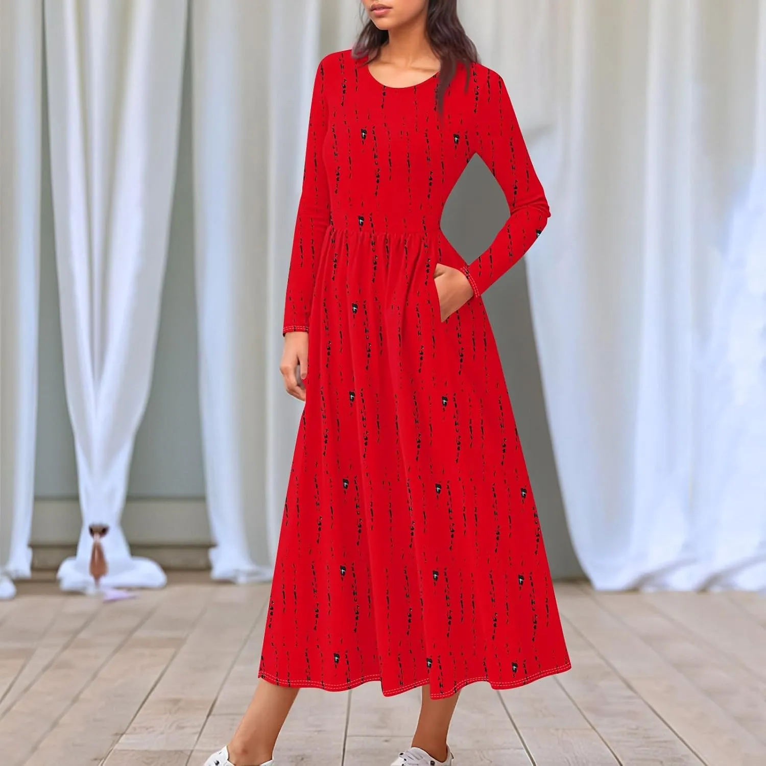 Womens Spring Fashion 2025 Dress O Neck Midi Long Sleeve Vacation Cute Summer Flowy Swing Waist Dress