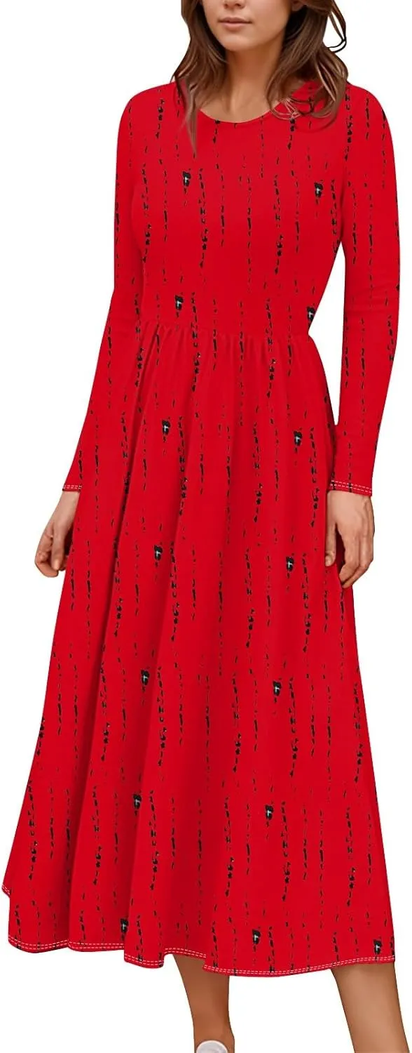 Womens Spring Fashion 2025 Dress O Neck Midi Long Sleeve Vacation Cute Summer Flowy Swing Waist Dress