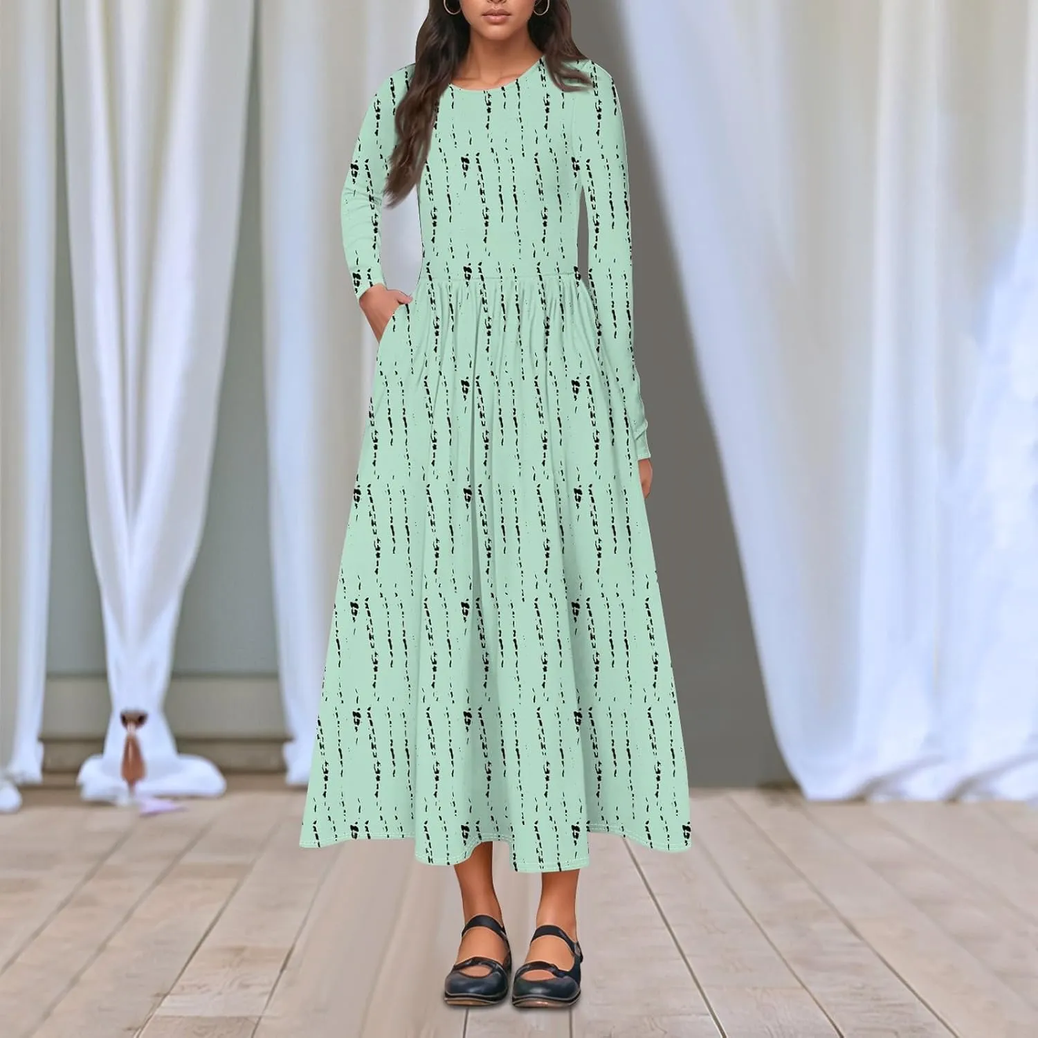 Womens Spring Fashion 2025 Dress O Neck Midi Long Sleeve Vacation Cute Summer Flowy Swing Waist Dress