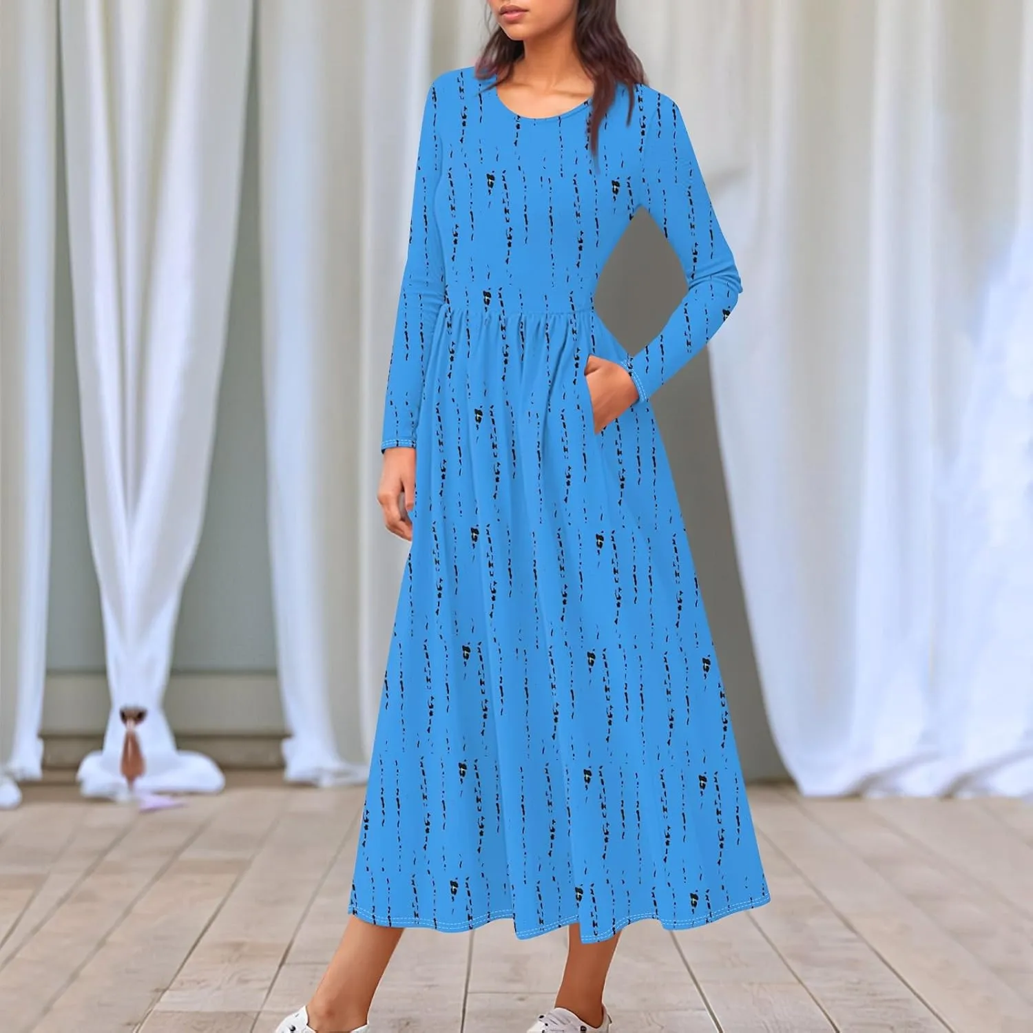 Womens Spring Fashion 2025 Dress O Neck Midi Long Sleeve Vacation Cute Summer Flowy Swing Waist Dress