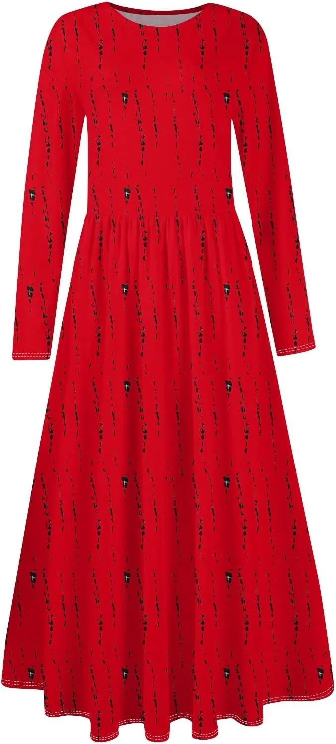 Womens Spring Fashion 2025 Dress O Neck Midi Long Sleeve Vacation Cute Summer Flowy Swing Waist Dress