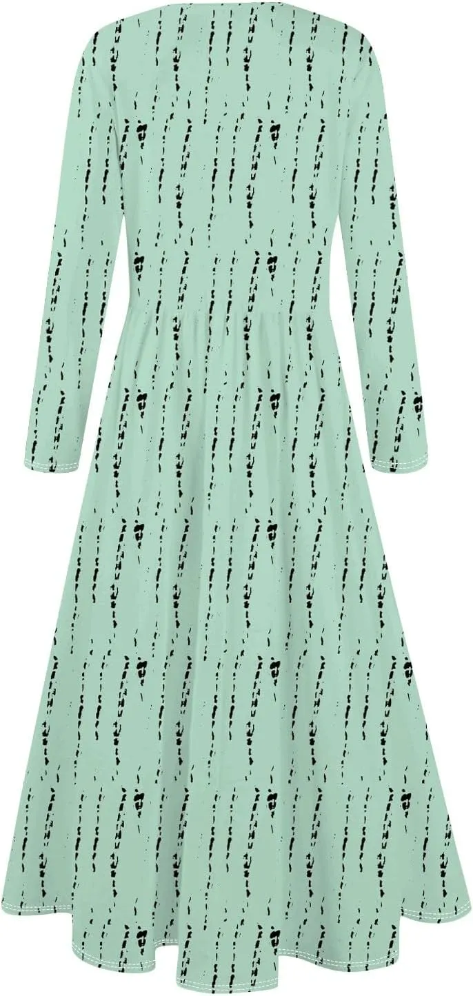 Womens Spring Fashion 2025 Dress O Neck Midi Long Sleeve Vacation Cute Summer Flowy Swing Waist Dress