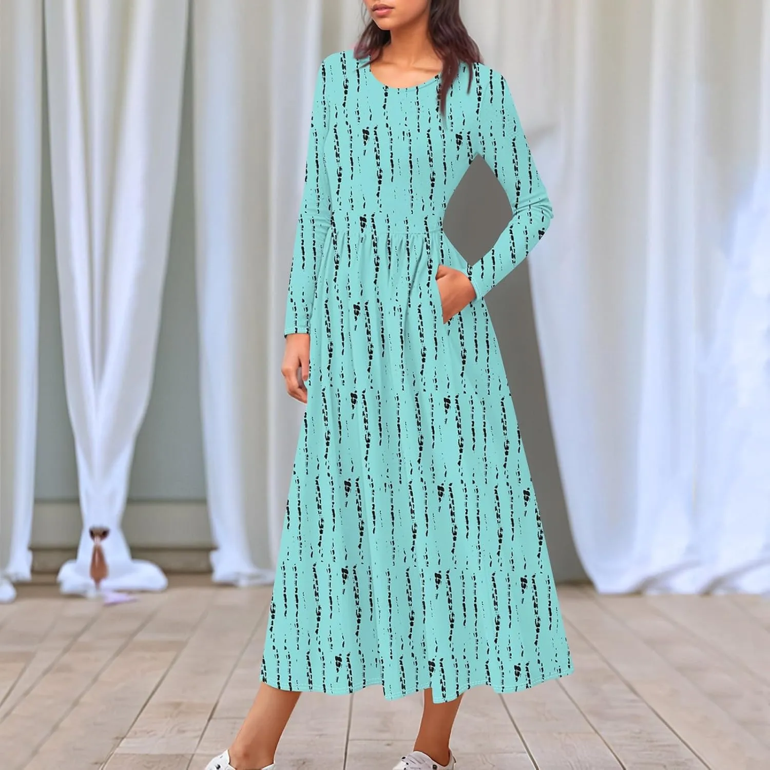 Womens Spring Fashion 2025 Dress O Neck Midi Long Sleeve Vacation Cute Summer Flowy Swing Waist Dress