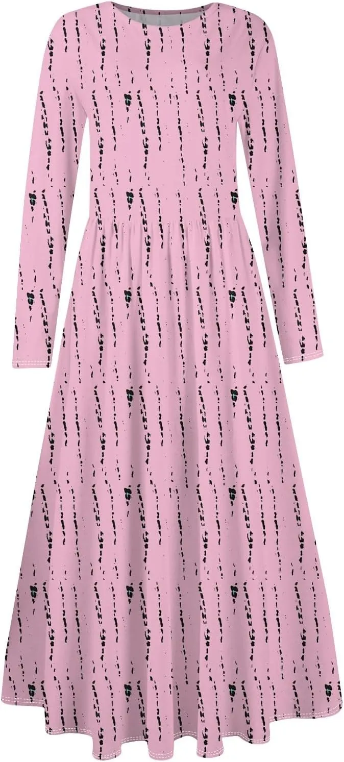 Womens Spring Fashion 2025 Dress O Neck Midi Long Sleeve Vacation Cute Summer Flowy Swing Waist Dress