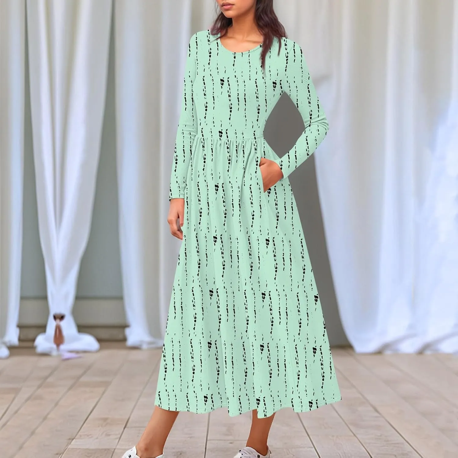 Womens Spring Fashion 2025 Dress O Neck Midi Long Sleeve Vacation Cute Summer Flowy Swing Waist Dress