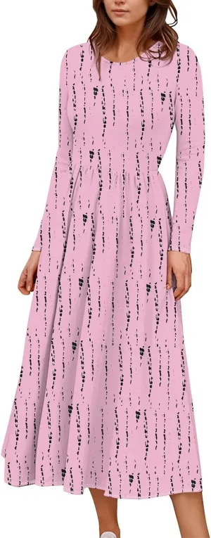 Womens Spring Fashion 2025 Dress O Neck Midi Long Sleeve Vacation Cute Summer Flowy Swing Waist Dress