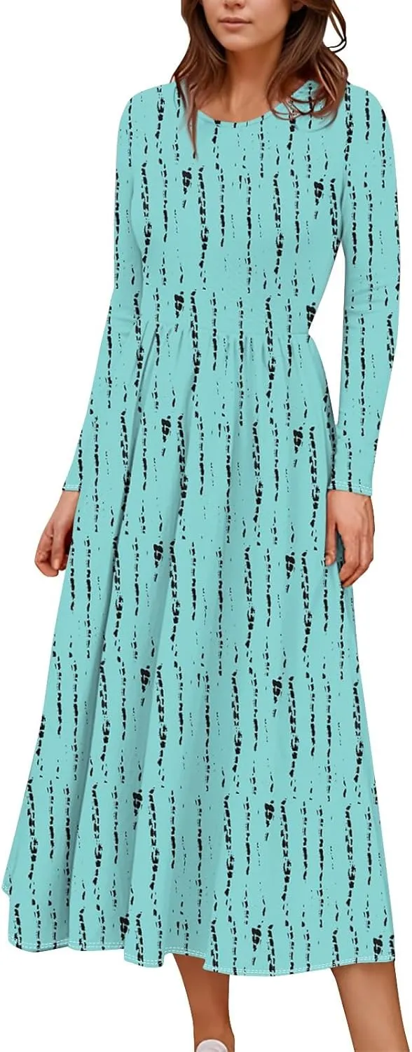 Womens Spring Fashion 2025 Dress O Neck Midi Long Sleeve Vacation Cute Summer Flowy Swing Waist Dress