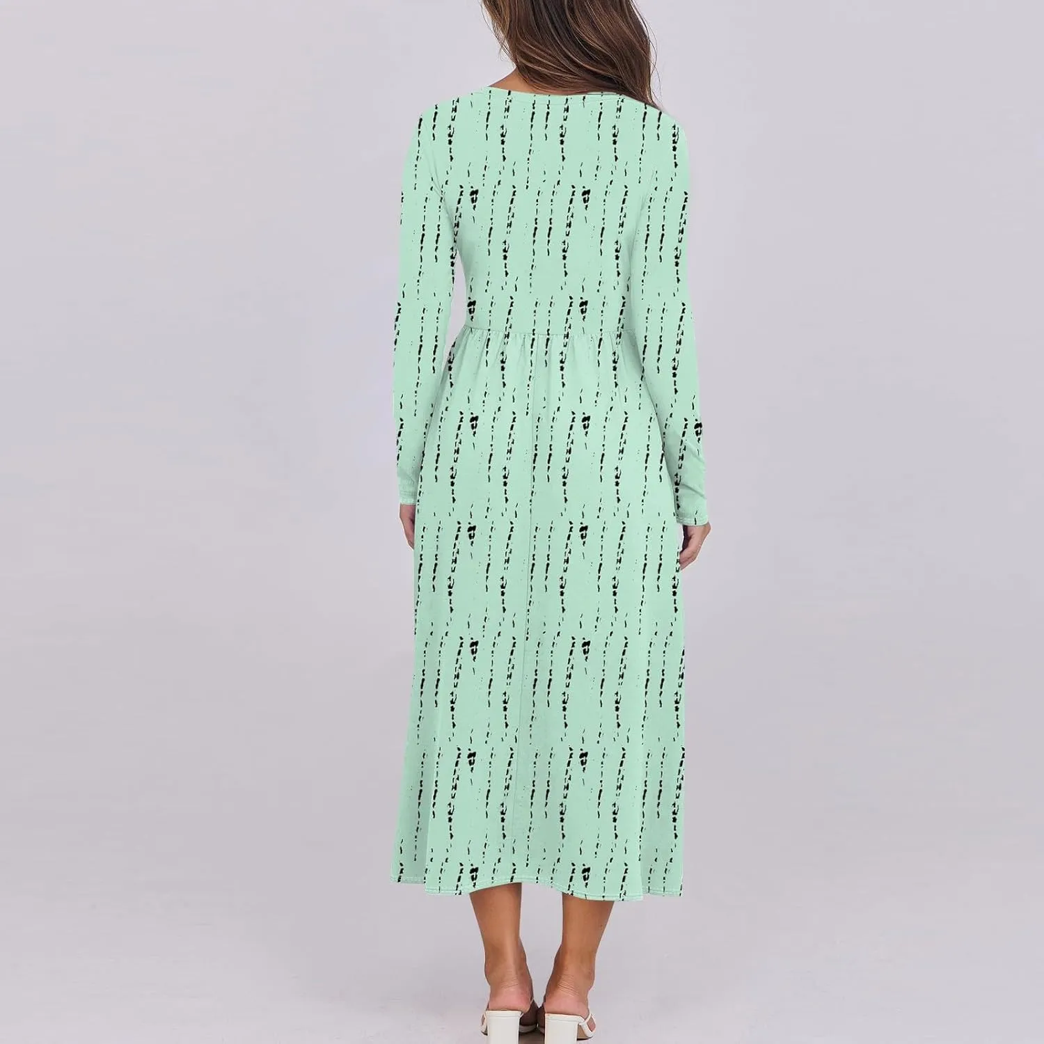 Womens Spring Fashion 2025 Dress O Neck Midi Long Sleeve Vacation Cute Summer Flowy Swing Waist Dress