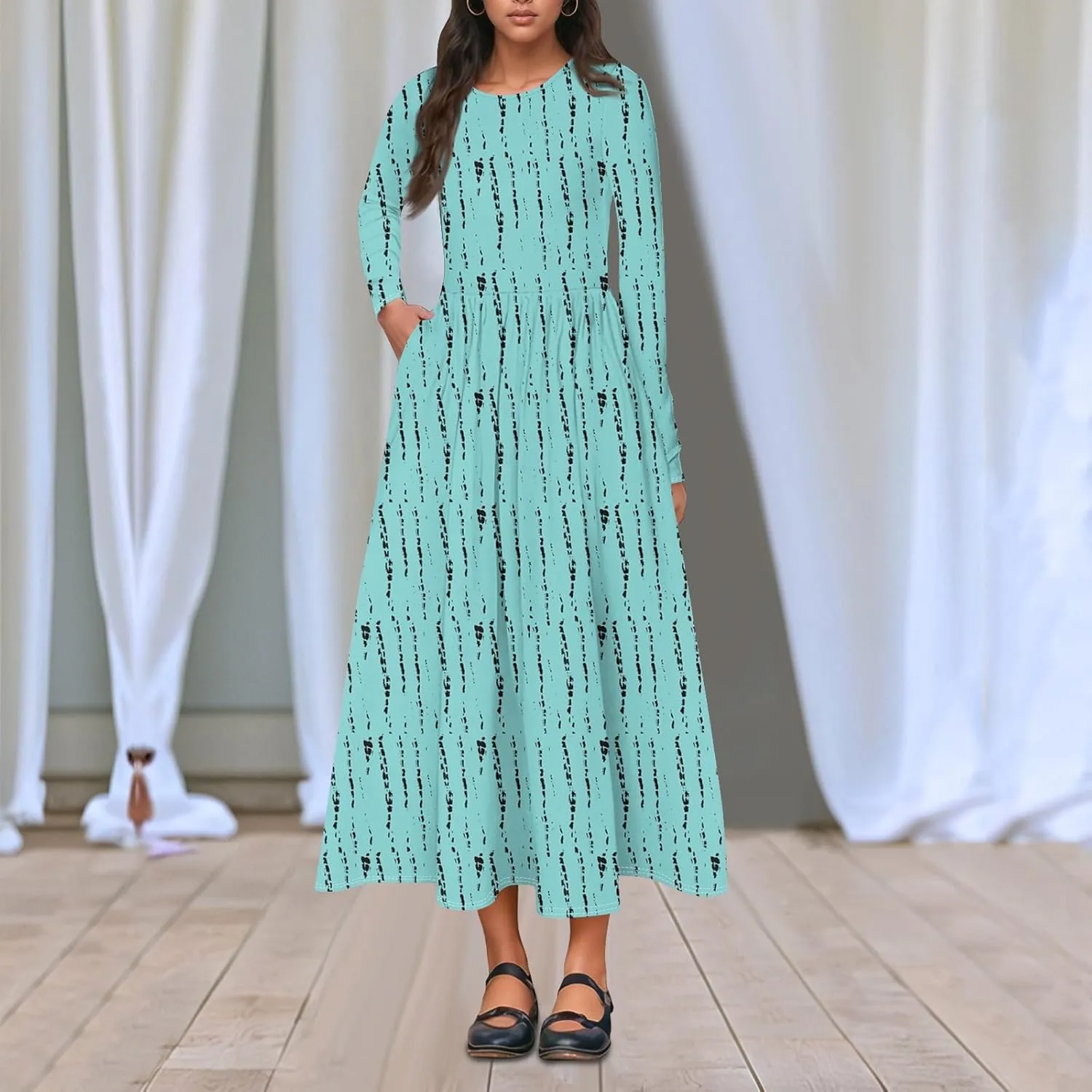 Womens Spring Fashion 2025 Dress O Neck Midi Long Sleeve Vacation Cute Summer Flowy Swing Waist Dress