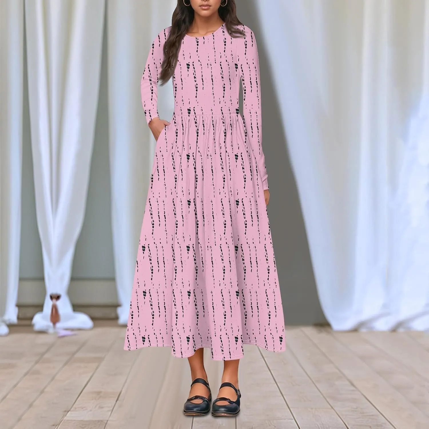 Womens Spring Fashion 2025 Dress O Neck Midi Long Sleeve Vacation Cute Summer Flowy Swing Waist Dress