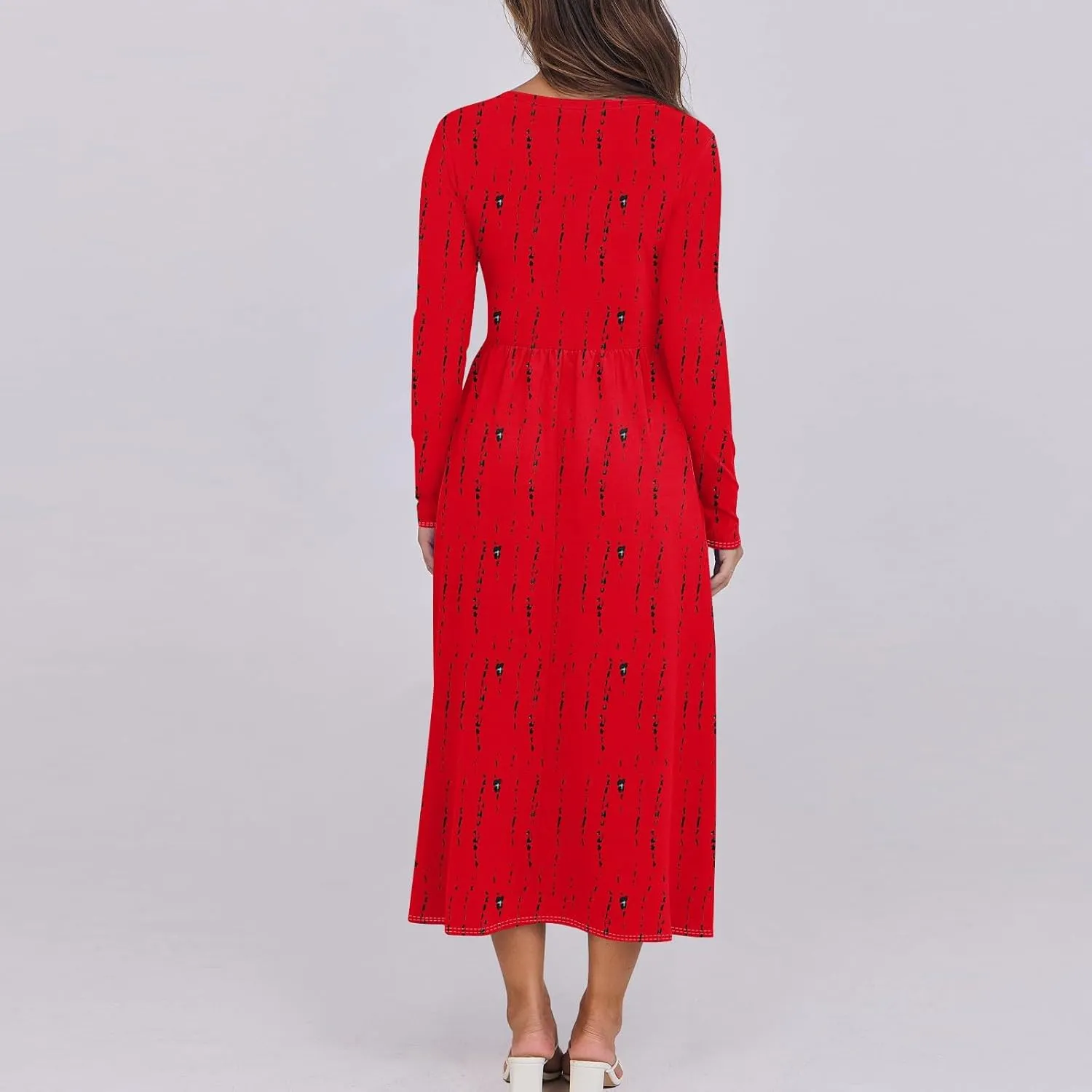 Womens Spring Fashion 2025 Dress O Neck Midi Long Sleeve Vacation Cute Summer Flowy Swing Waist Dress