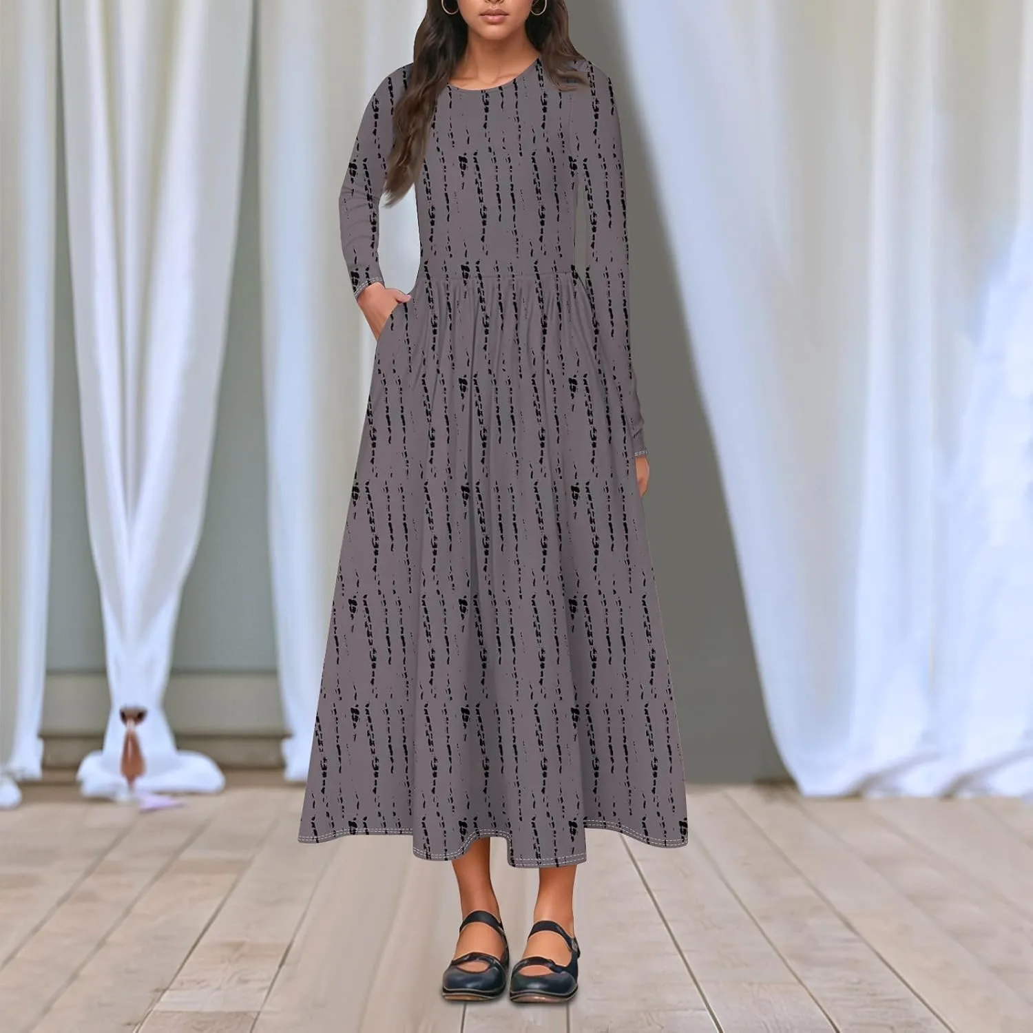 Womens Spring Fashion 2025 Dress O Neck Midi Long Sleeve Vacation Cute Summer Flowy Swing Waist Dress