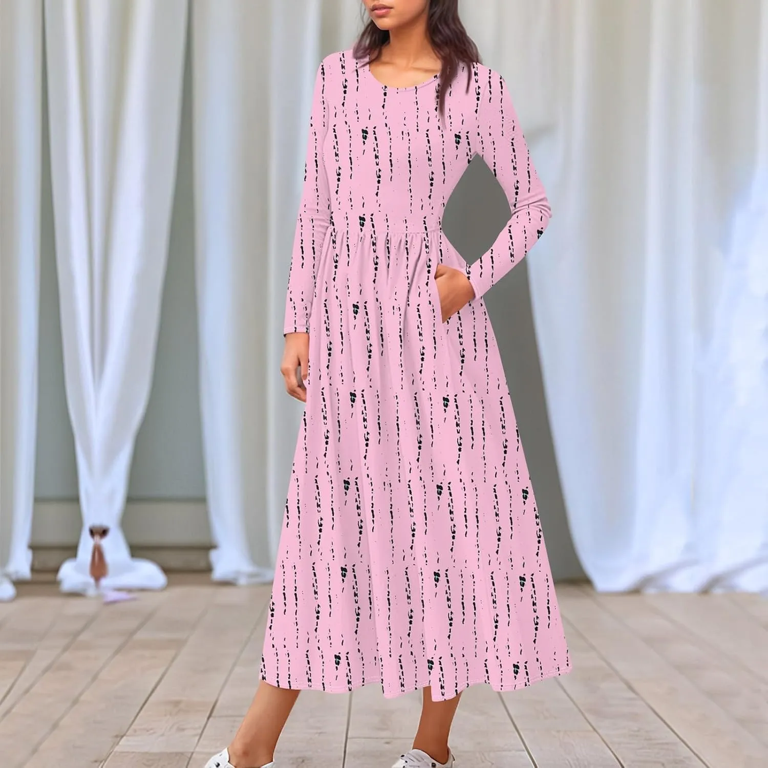 Womens Spring Fashion 2025 Dress O Neck Midi Long Sleeve Vacation Cute Summer Flowy Swing Waist Dress