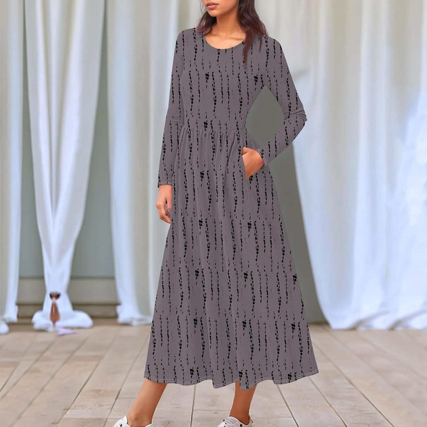 Womens Spring Fashion 2025 Dress O Neck Midi Long Sleeve Vacation Cute Summer Flowy Swing Waist Dress