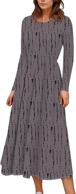 Womens Spring Fashion 2025 Dress O Neck Midi Long Sleeve Vacation Cute Summer Flowy Swing Waist Dress