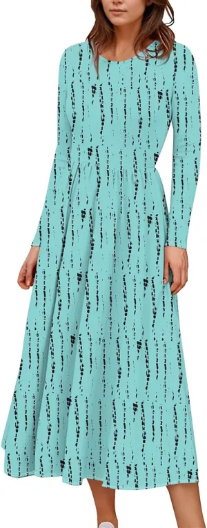 Womens Spring Fashion 2025 Dress O Neck Midi Long Sleeve Vacation Cute Summer Flowy Swing Waist Dress