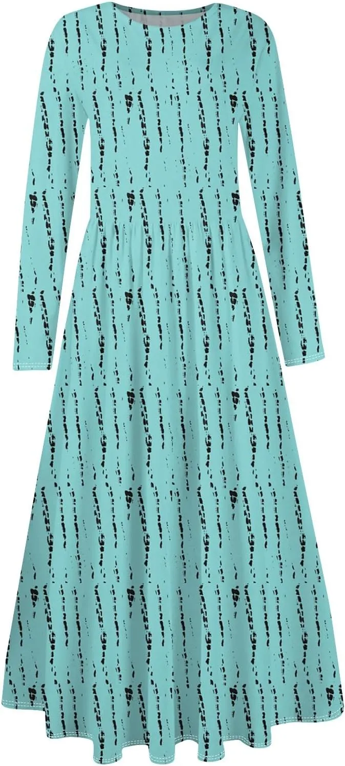 Womens Spring Fashion 2025 Dress O Neck Midi Long Sleeve Vacation Cute Summer Flowy Swing Waist Dress