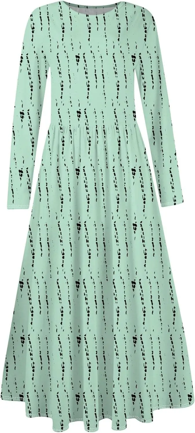 Womens Spring Fashion 2025 Dress O Neck Midi Long Sleeve Vacation Cute Summer Flowy Swing Waist Dress