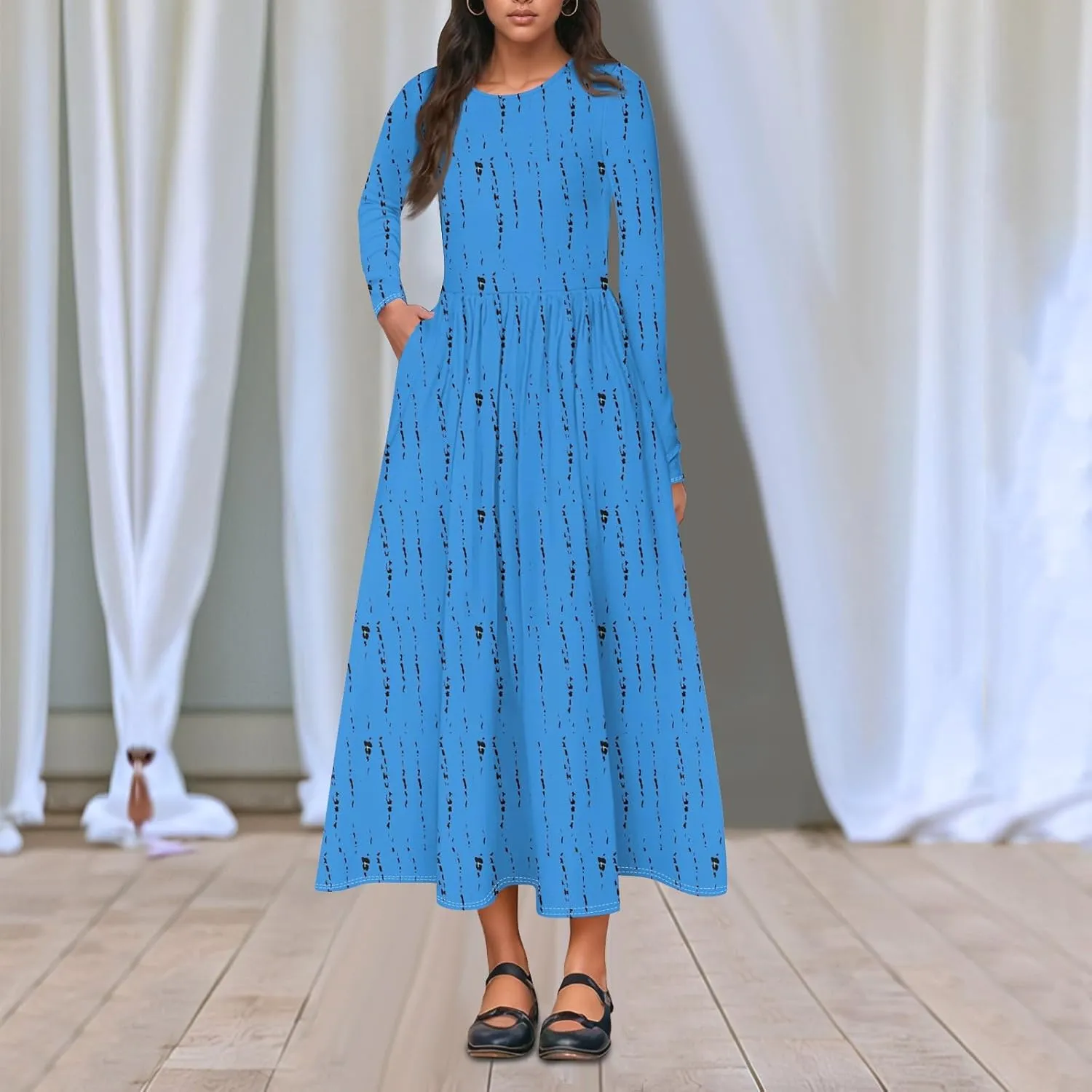 Womens Spring Fashion 2025 Dress O Neck Midi Long Sleeve Vacation Cute Summer Flowy Swing Waist Dress
