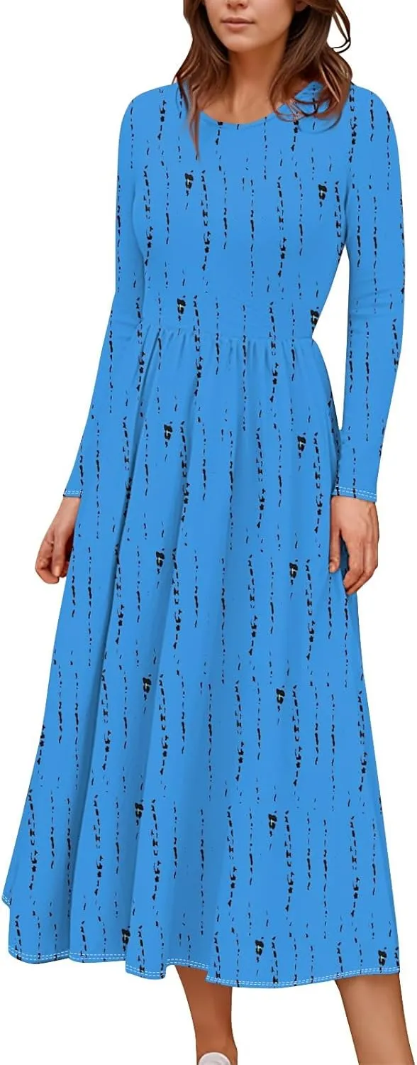Womens Spring Fashion 2025 Dress O Neck Midi Long Sleeve Vacation Cute Summer Flowy Swing Waist Dress