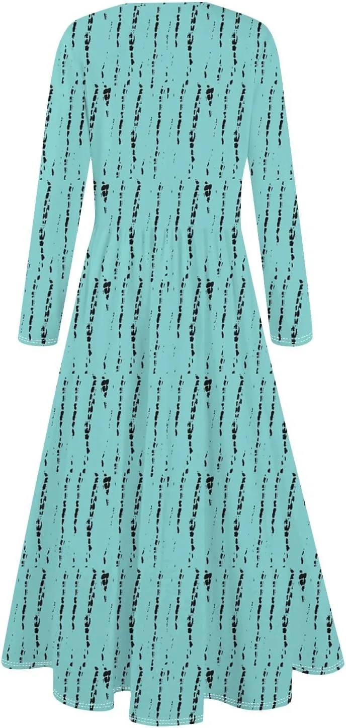 Womens Spring Fashion 2025 Dress O Neck Midi Long Sleeve Vacation Cute Summer Flowy Swing Waist Dress