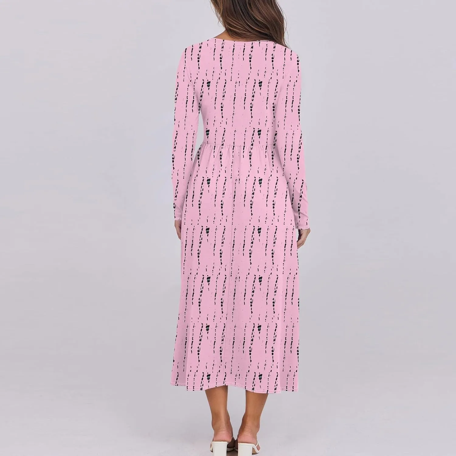 Womens Spring Fashion 2025 Dress O Neck Midi Long Sleeve Vacation Cute Summer Flowy Swing Waist Dress