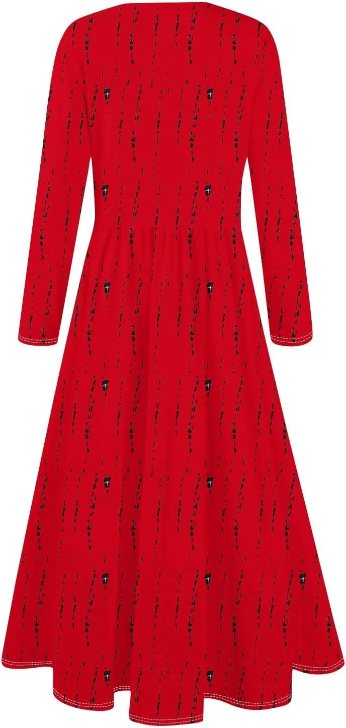 Womens Spring Fashion 2025 Dress O Neck Midi Long Sleeve Vacation Cute Summer Flowy Swing Waist Dress