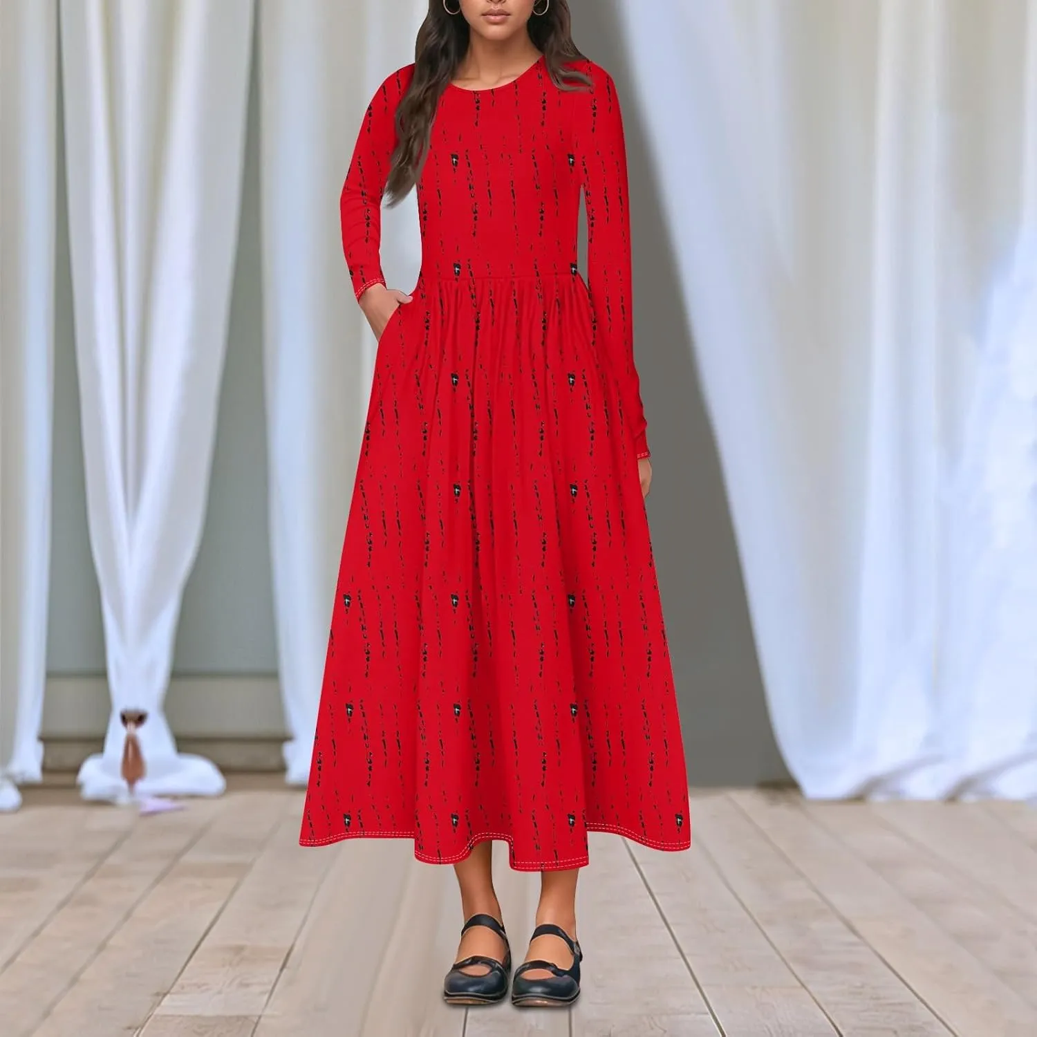 Womens Spring Fashion 2025 Dress O Neck Midi Long Sleeve Vacation Cute Summer Flowy Swing Waist Dress