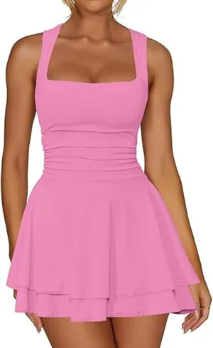 Women's Square Neck Sleeveless Dresses 2025 Summer Casual Ruffle Hem Ruched Waist Beach Party Mini Short Dress