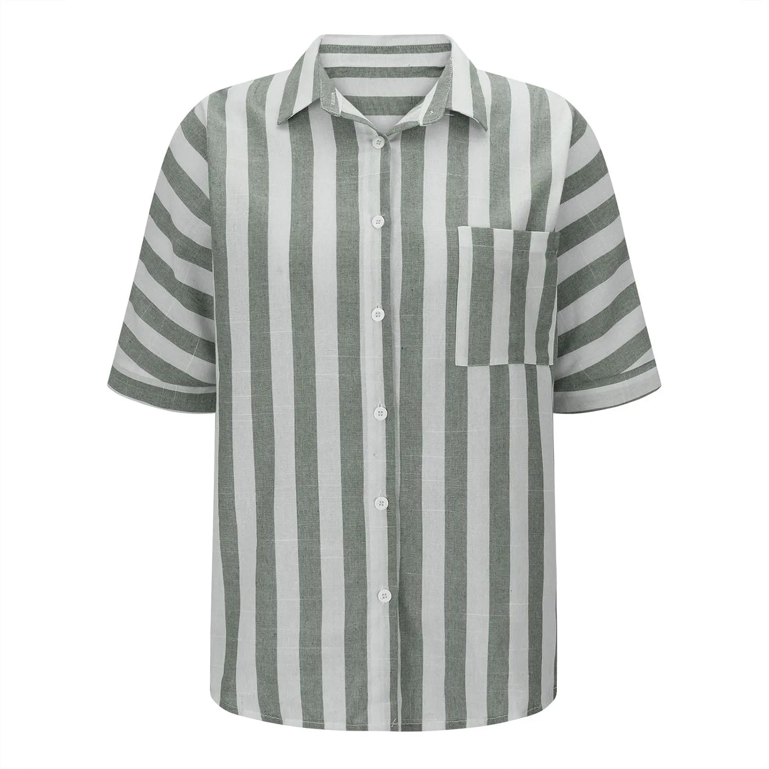 Women's Striped Linen Cotton Shirts Button Down Short Sleeve Blouses Collared Summer Casual Stylish V Neck Tops