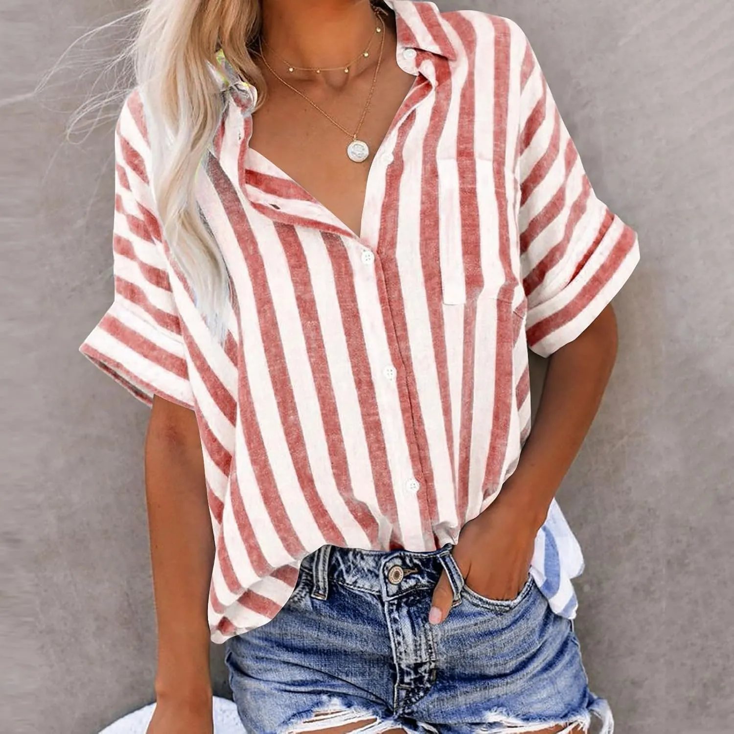 Women's Striped Linen Cotton Shirts Button Down Short Sleeve Blouses Collared Summer Casual Stylish V Neck Tops