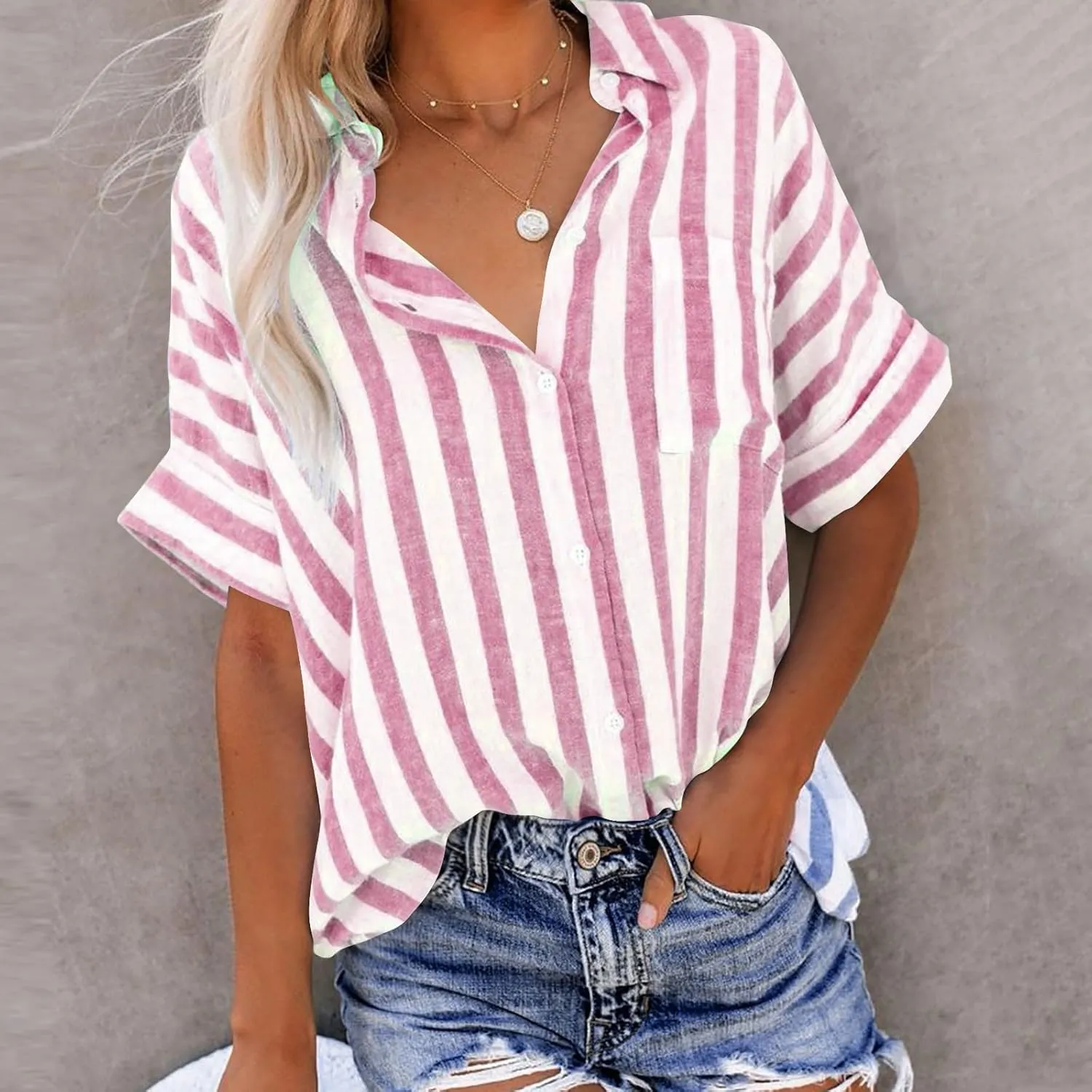 Women's Striped Linen Cotton Shirts Button Down Short Sleeve Blouses Collared Summer Casual Stylish V Neck Tops