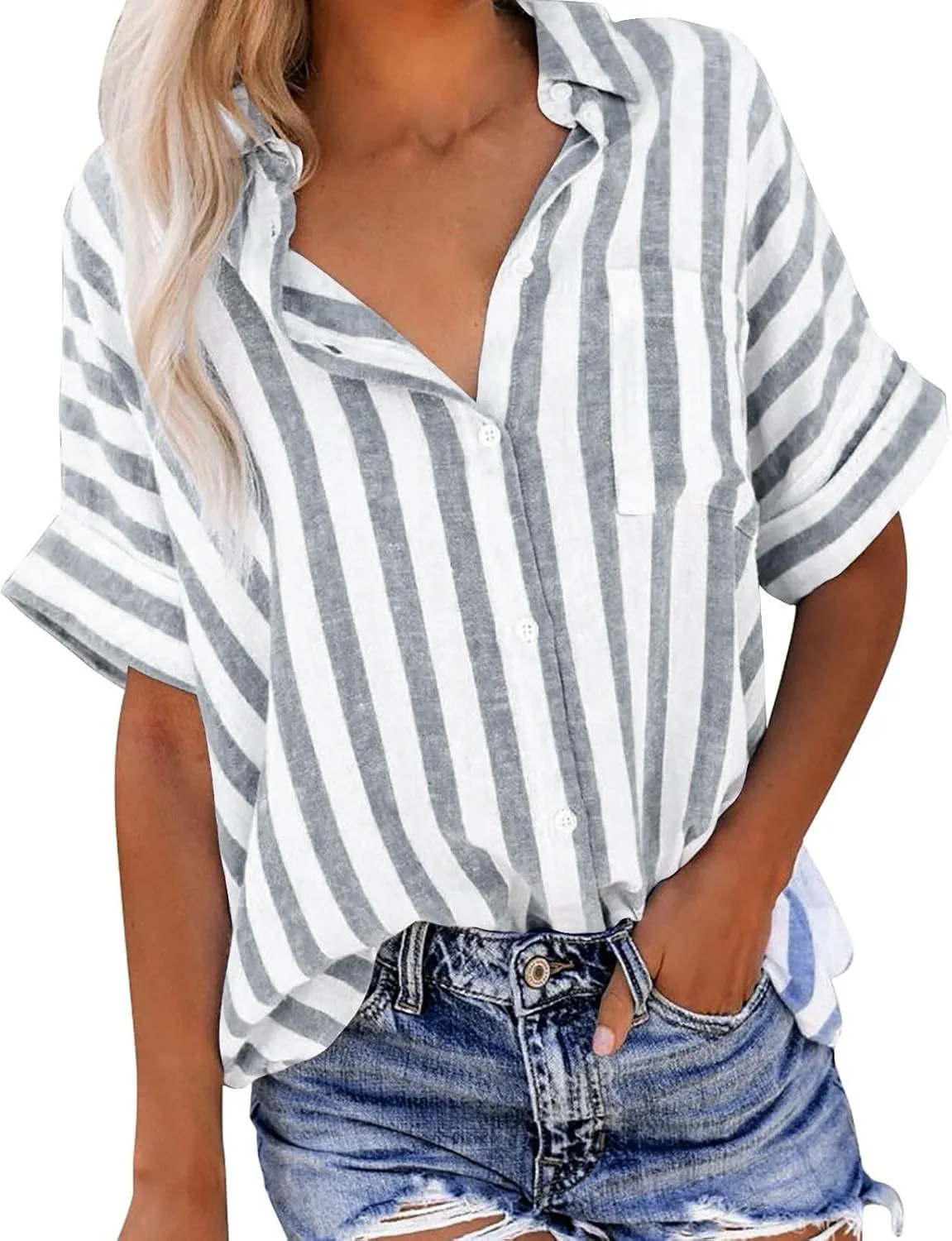 Women's Striped Linen Cotton Shirts Button Down Short Sleeve Blouses Collared Summer Casual Stylish V Neck Tops