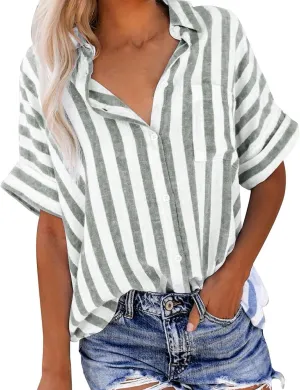 Women's Striped Linen Cotton Shirts Button Down Short Sleeve Blouses Collared Summer Casual Stylish V Neck Tops