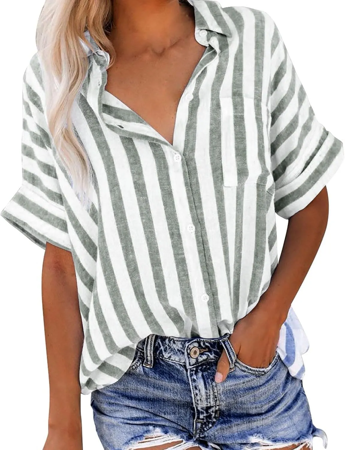 Women's Striped Linen Cotton Shirts Button Down Short Sleeve Blouses Collared Summer Casual Stylish V Neck Tops